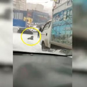 VIDEÓ: Tehetetlenül csúszott a jeges úton a teherautó, a nő épp előtte esett el