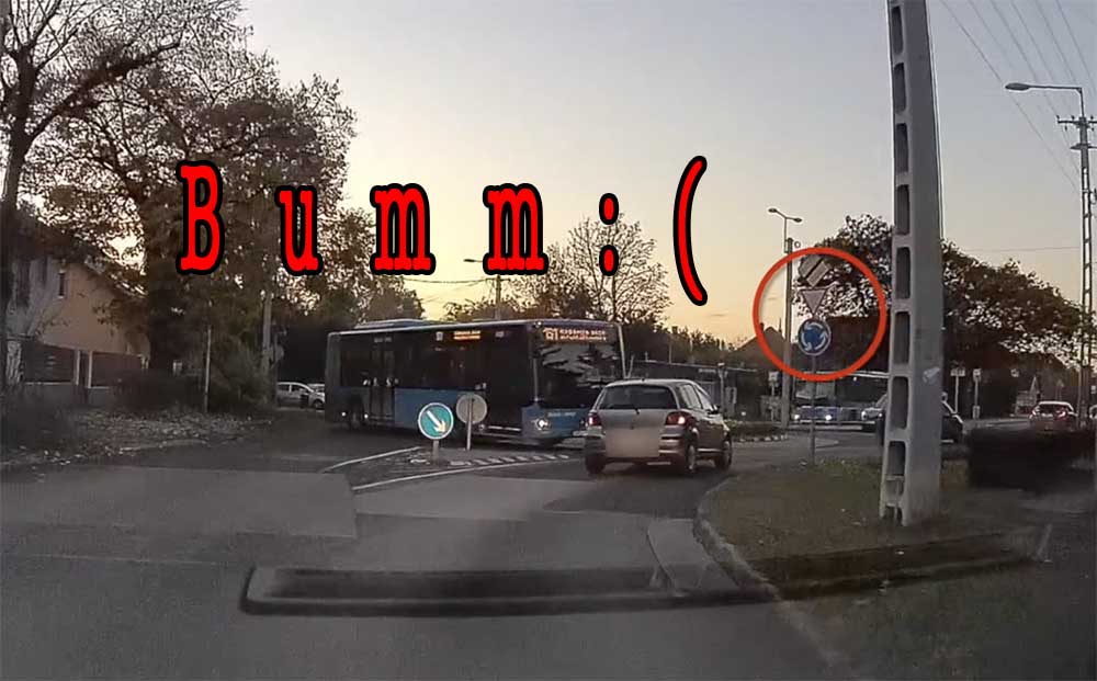 Videón, ahogy a 151-es busz, Csepelen telibever egy Yarist, akinek sofőrje szabálytalanul hajt be a körforgalomba