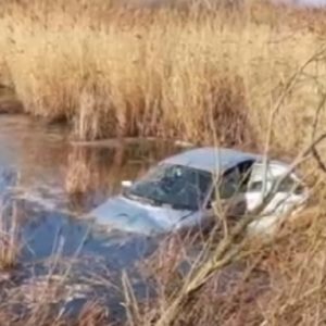 VIDEÓ: Megcsúszott a kanyarban, majd horgásztóba hajtott egy autós Várpalota mellett