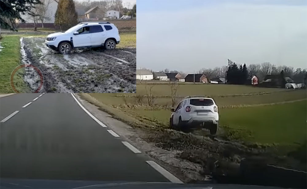 Videón, ahogy berepül a mezőre a Dacia Dusterrel. Megpróbált elmenekülni, de elakadt