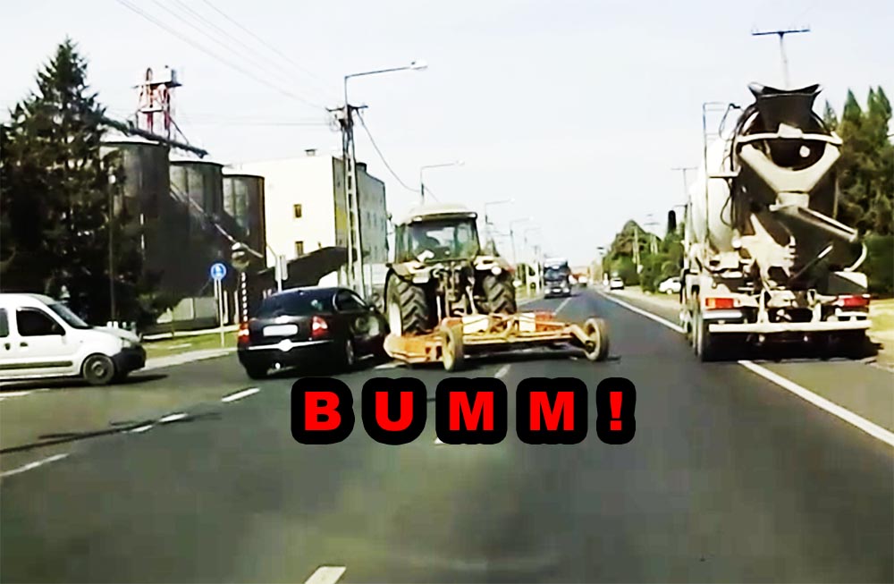 Videón, ahogy traktornak hajt a Volkswagen sofőrje