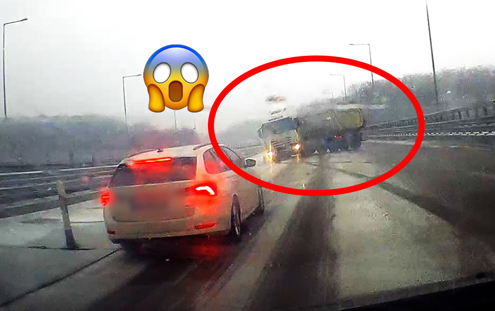 Videón, ahogy elveszti uralmát a jármű fölött az M31-esen egy nyerges vonatató sofőrje