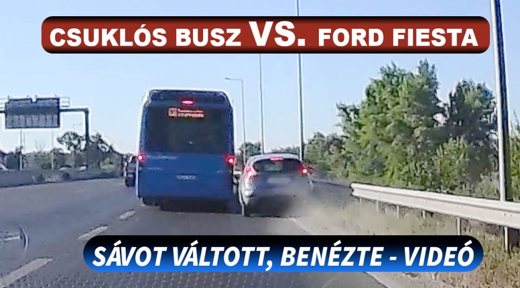 Csuklós busz kent fel a szalagkorlátra majdnem egy Ford Fiestát az M5 kivezetőn