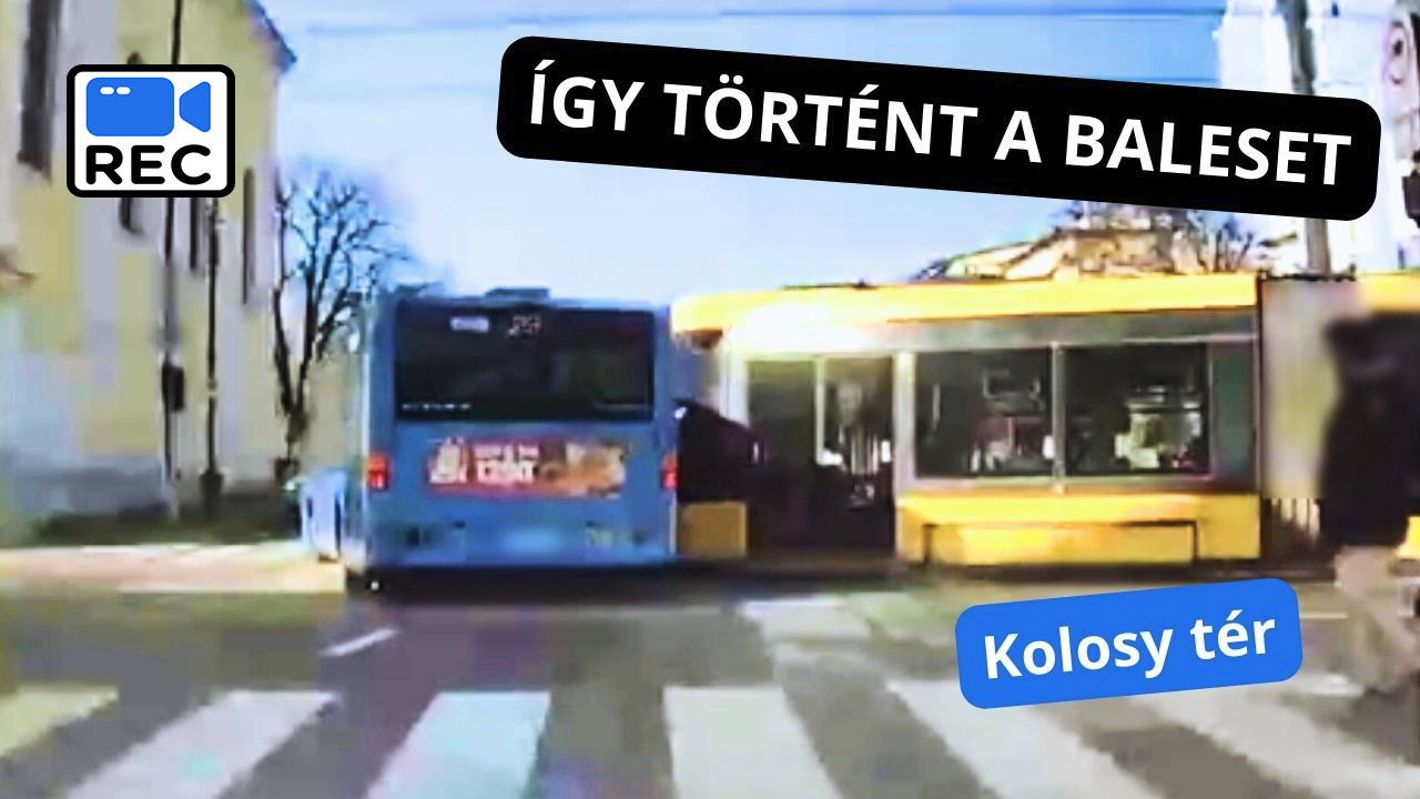 Busz ütközött villamossal a Kolosy téren. Fedélzeti kamera rögzítette